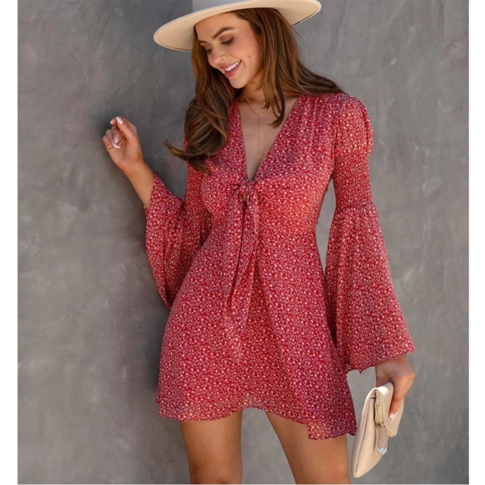 Vici Pink Bell Sleeve Wrap Sundress for Night Out - Picture 2 of 6